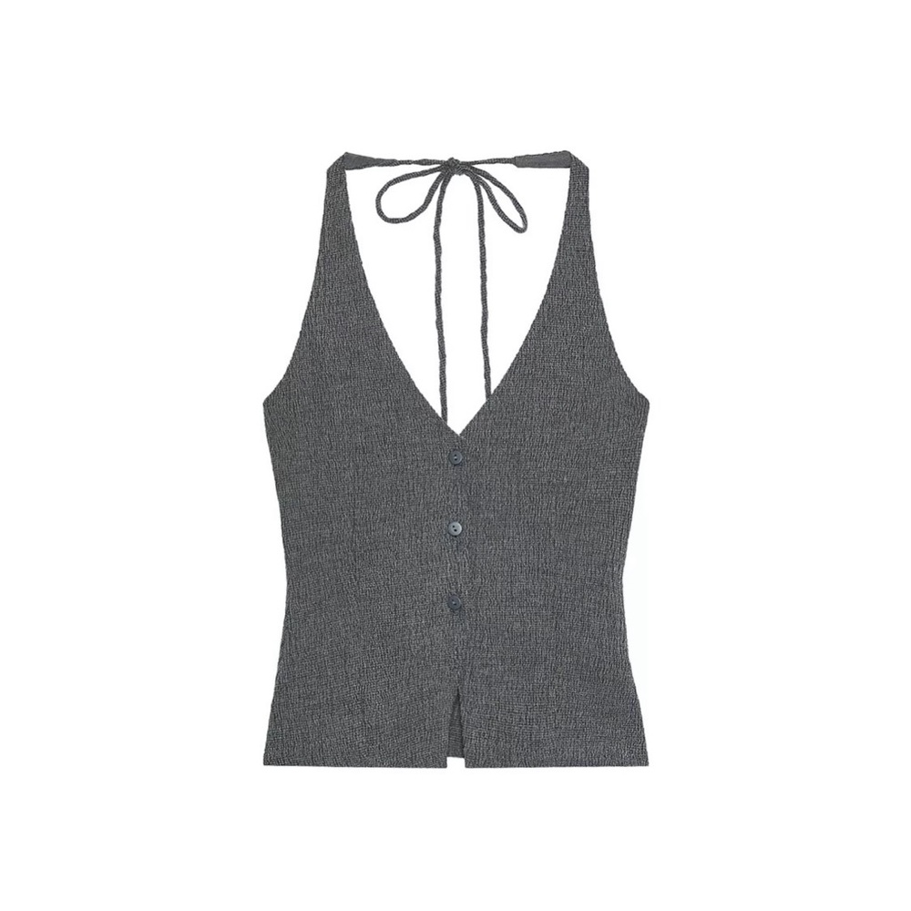 Zara Gray Knit Halter V-Neck Button Front Top